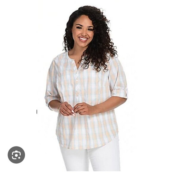CJ Banks Plaid V-Neck Popover Blouse - Picture 1 of 10